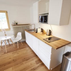 Helle Studio-Wohnung in Bad Wiessee mit moderner Küche, gemütlichem Essplatz, ideal für Paare auf der Suche nach Erholung.