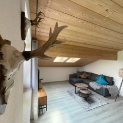 Gemütliches Penthouse in Bad Wiessee mit Holzdecke, modernem Interieur und natürlichen Akzenten für eine heimelige Atmosphäre.