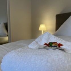 Gemütliches Schlafzimmer in Bayrischzell Ferienwohnung mit frischen Handtüchern und einladendem Ambiente.