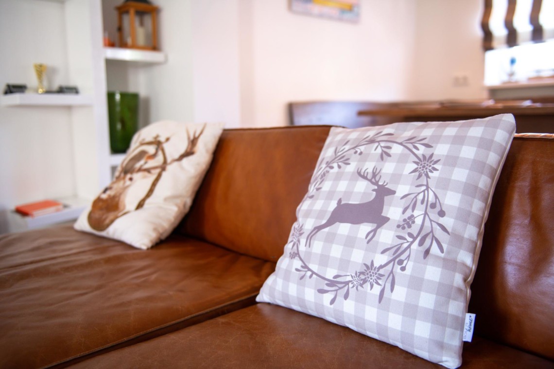 Gemütliche Ferienwohnung in Schliersee mit stilvollen Dekokissen auf einem Leder-Sofa – ideal für Entspannung.