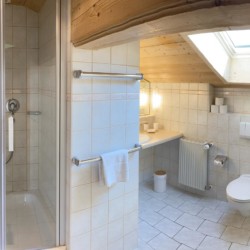 Helles Bad im Penthouse Apartment, Bad Wiessee, mit Dusche und Dachfenster.