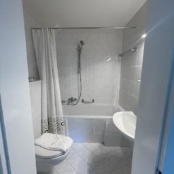 Sauber gestaltetes Bad in Bad Wiessee FeWo mit Dusche/Wanne. Ideal für den Bergurlaub bei stayFritz.
