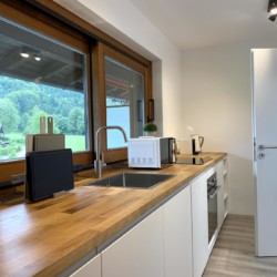 Moderne Ferienwohnungsküche in Bad Wiessee mit elegantem Design und Blick ins Grüne. Ideal für Urlaub im Sonnhof26.
