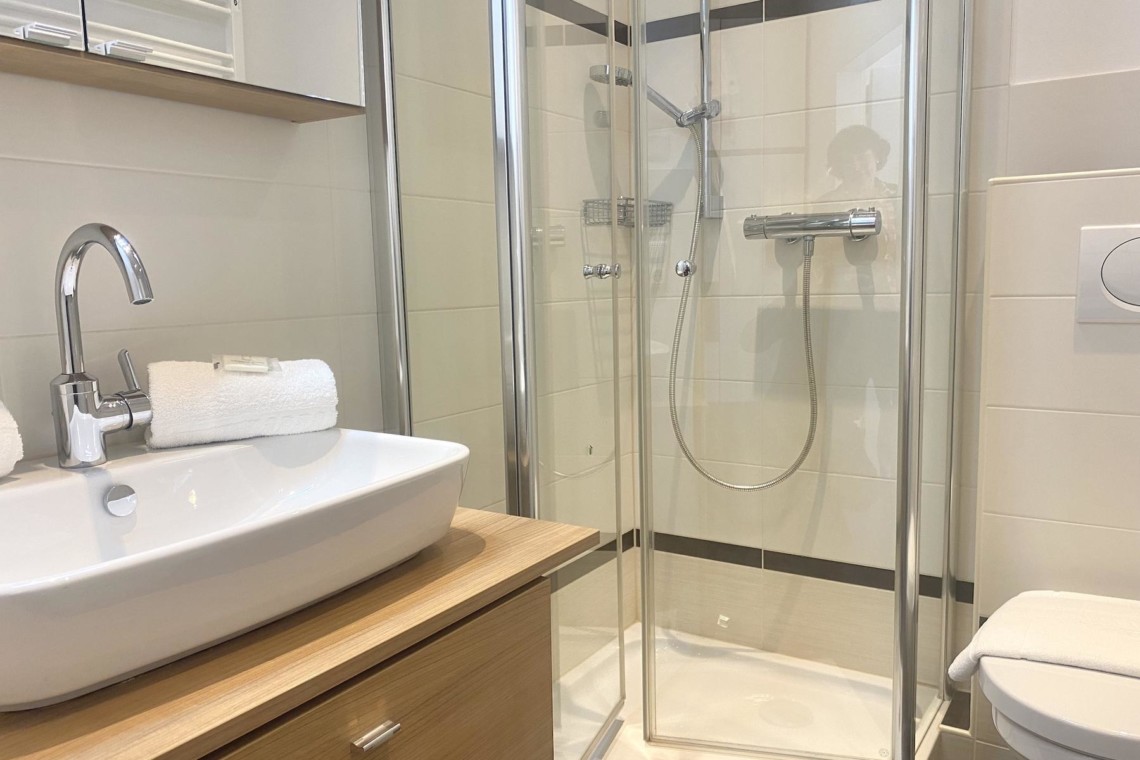 Modernes Badezimmer in Schliersee Ferienwohnung mit Dusche und stilvollem Design.