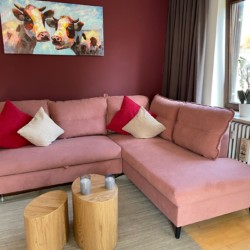 Gemütliches Apartment in Tegernsee, rosa Sofa, moderne Einrichtung, perfekt für Ihren Urlaub.