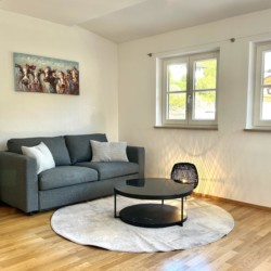 Helles Apartment "Huberspitz" in Hausham mit gemütlicher Couch, modernem Design, ideal für Erholung & Urlaub. #stayFritz #FerienwohnungHausham