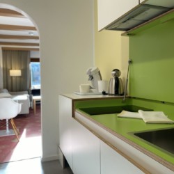 Helles, modernes Apartment in Bad Wiessee mit grüner Küche, komfortablem Wohnbereich und elegantem Design. Ideal für Ihren Urlaub!