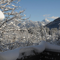 Idyllischer Winterblick vom Balkon eines Ferienhauses in Schliersee-Neuhaus, umgeben von schneebedeckten Bäumen und Bergen.
