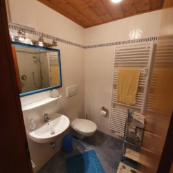 Gemütliches Badezimmer in Ferienwohnung am Schliersee mit Holzelementen und moderner Ausstattung.