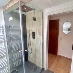 Modernes Badezimmer in Ferienwohnung mit eleganter Dusche, ideal für Entspannung auf dem Mitterberg.