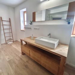 Helles, modernes Badezimmer in Ferienhaus Seeblick mit Holzmöbeln und Pflanzendekor. Ideal für erholsame Auszeit!