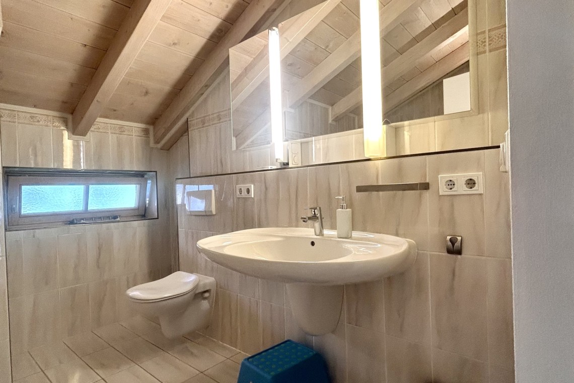 Gemütliches Ferienhaus-WC: modern, hell, mit Holzdecke und Spiegel. Ideal für Urlaubserlebnisse.